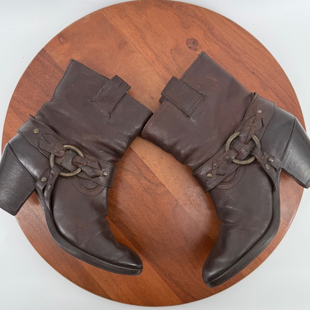 Frye Harness 4001 Ankle Boots Dark Brown Leather Moto Biker Resoled Women 6B - Picture 12 of 14